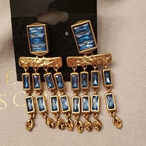 Kendra Scott Gold and Blue Art Deco Earrings, Style Jack, Post Back, Plus Bag